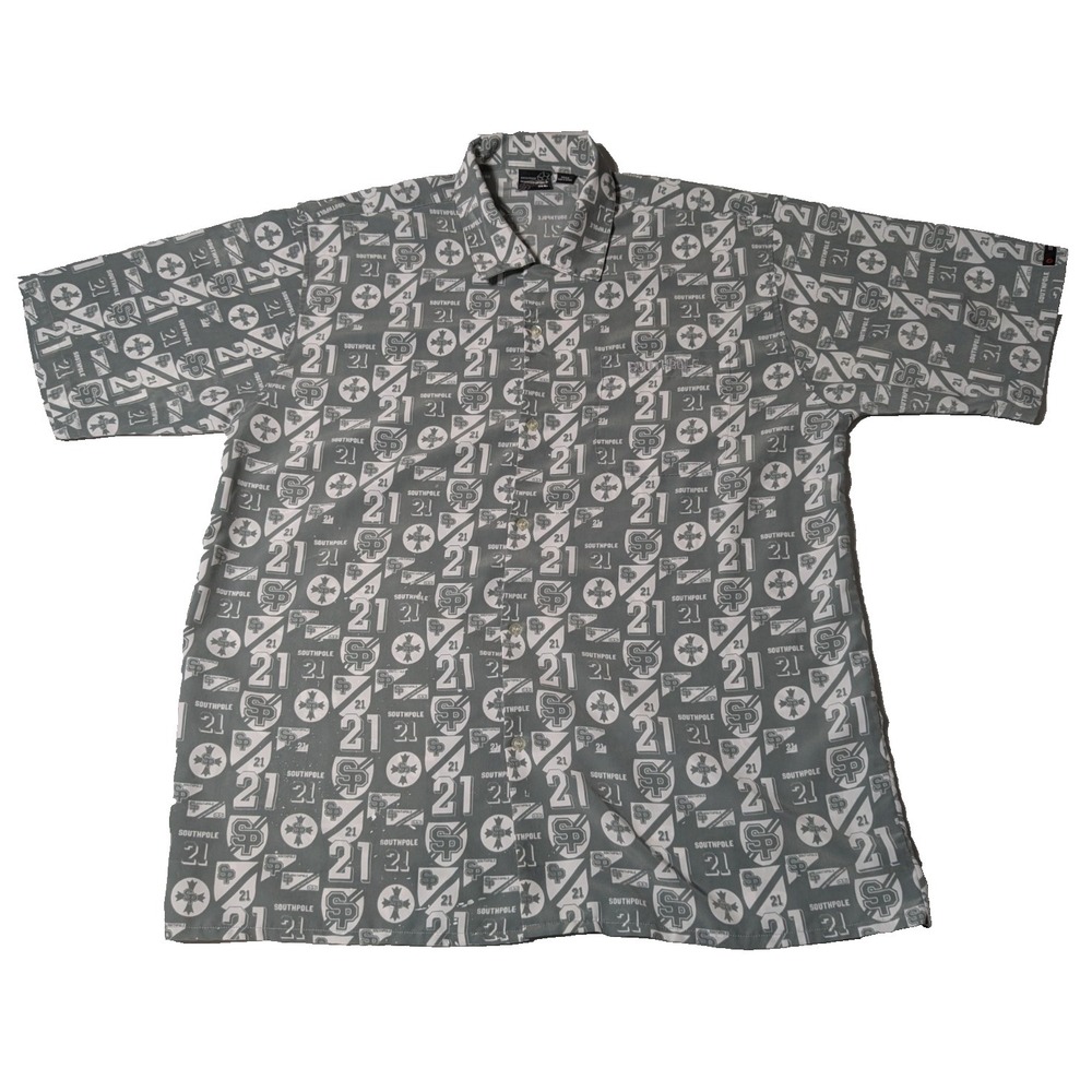 VTG SOUTHPOLE SP21 LOGO AOP Gray Poly Button-Up Shirt - Men Size XL READ‎
